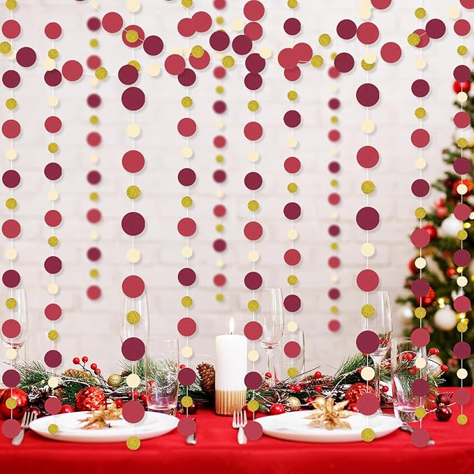 Outus 5 Pieces Maroon,Gold Round Dots Garland Graduation Party Hanging Decor Each Length 13.1ft Glitter Paper Dot Streamers for Birthday Wedding Classroom Supplies