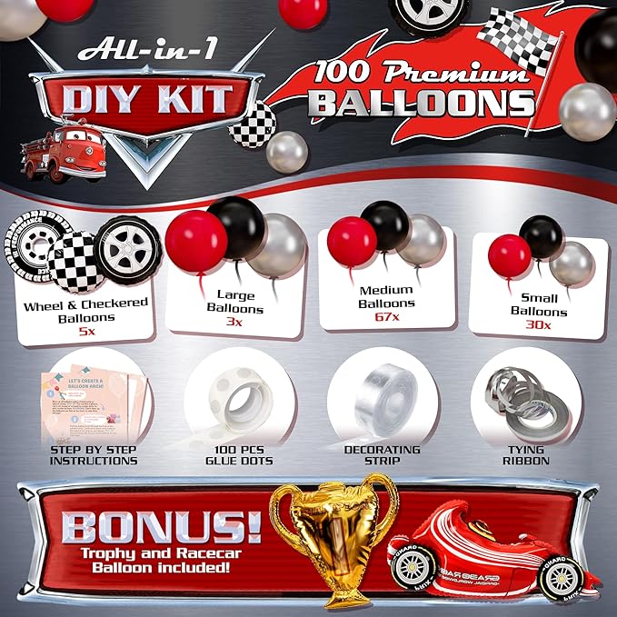 ALL-IN-1 Race Car Balloon Arch Kit with BONUS Trophy & RaceCar - Cars Balloon Garland Kit for Race Car Theme Birthday Party Supplies & Hot Wheels Balloons Race Cars Decorations