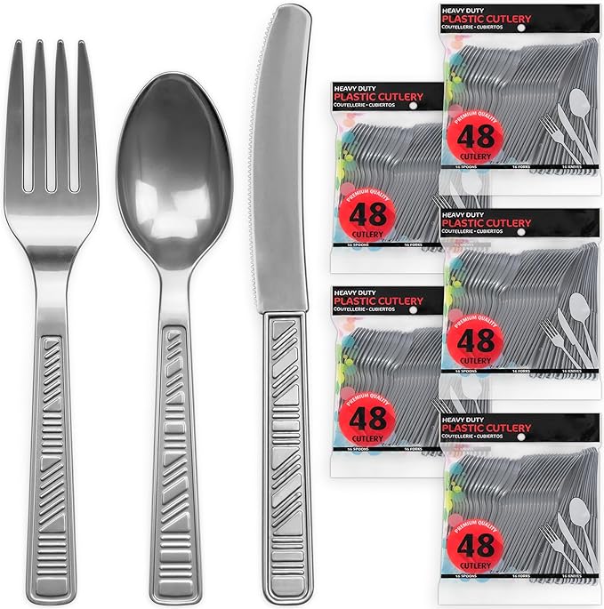 DecorRack Plastic Cutlery Set, Silver Colored Plastic Silverware Sets for Parties, 240 Piece Bulk Heavy Duty Utensils (Silver, 240 Pieces)