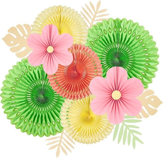 SUNBEAUTY Paper Flowers Pink and Green Party Decorations Hanging Fans Spring Summer Decor for Wall Wedding Backdrop Bridal Shower Birthday - 9Pcs