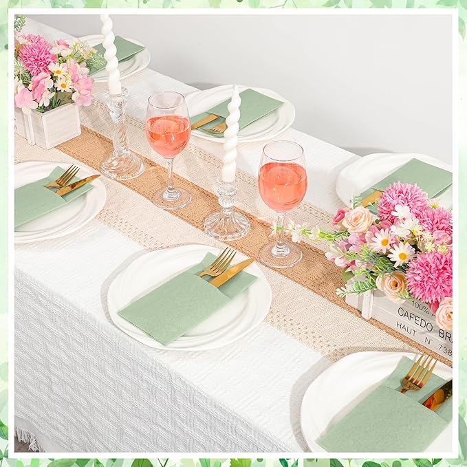 60 Pcs Sage Green Linen-Feel Paper Napkins with Built-in Flatware Pocket, Pocket Linen Napkins Prefolded Cloth Like Paper Napkins Bulk for Silverware Easter Wedding Baby Shower Birthday Bridal Party