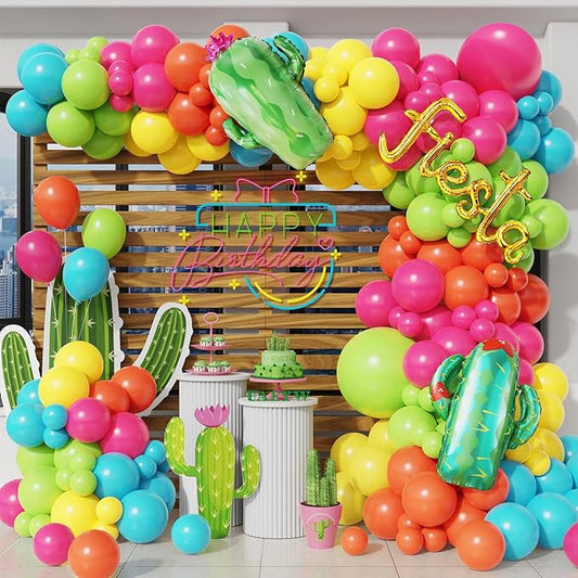 137Pcs Mexican Fiesta Balloon Arch Garland Kit - Fiesta Party Decorations,Rainbow Colors Giant Cactus Foil Balloons for Cinco De Mayo Carnival Birthday Party Summer Hawaiian Luau Tropical Supplies