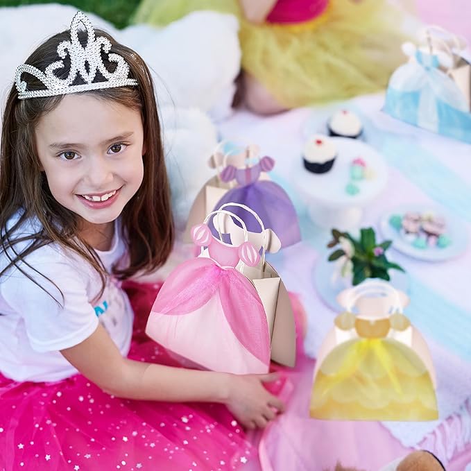 Cheerland Princess Party Gift Bags Ball Gown Dress Shaped Goodie Treat Bag Royal Theme Decorations for Baby Shower Gender Reveal Girl Sleepover Princess Themed Birthday Party Favor Supplies 4pcs