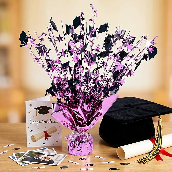 6 Packs Graduation Decorations Centerpieces for Tables Metallic Foil Star Graduate Cap Burst Tabletop Display in Pink and Black for Grad Ceremonies Celebrations Party Decor Supplies 12 (Pink)