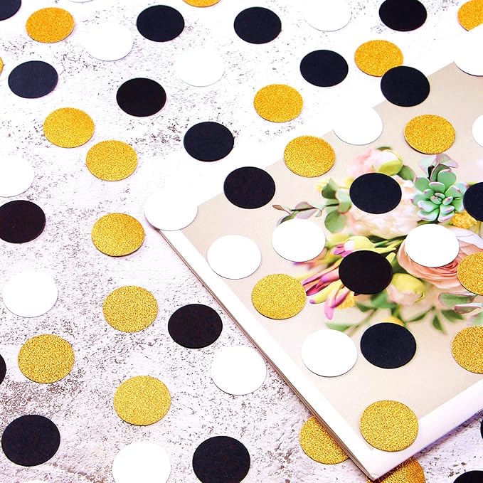 Black Gold White Party Table Confetti 300pcs Glitter Sprinkles Paper Decor Dots for Birthday Graduation Halloween Wedding Fathers day Baby Shower Decorations Lasting Surprise
