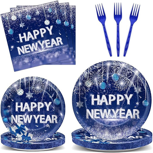 100PCS Happy New Year Party Plates and Napkins Party Supplies Blue 2026 New Year's Eve Platters Dessert Cake Tableware Set Party Decor Favor for New Year Evening Party Celebration Decoration Serves 25