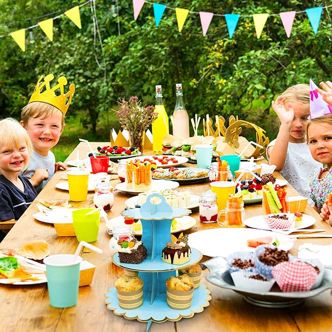 Rocutus Cupcake Stand,3 Set of 3-Tier Dessert Plates Mini Cakes Fruit Candy Display Tower Cookie Tray Rack Candy Buffet Holder Cake Stand Cardboard Cupcake Stand Tiered Serving Stand (Blue)