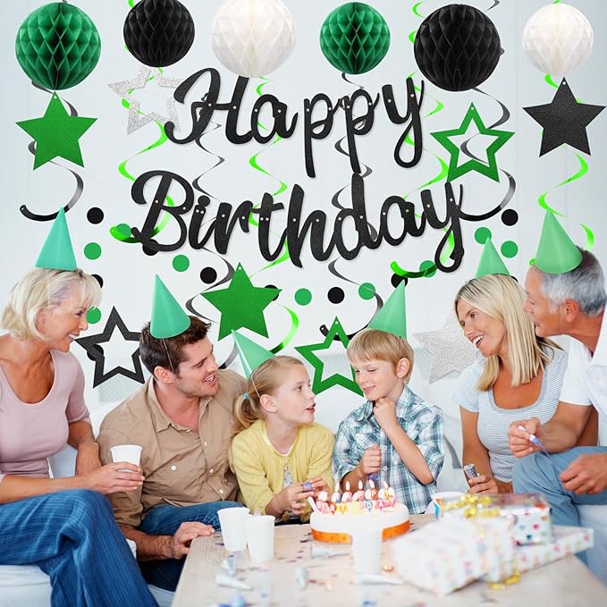 YEOCU Birthday Decorations, NO DIY, Pre-Strung Happy Birthday Banner with Honeycomb Ball, Hanging Swirl, Circle Dots Garland, Happy Birthday Party Decorations for Women Men Boys Girls (Green & Black)