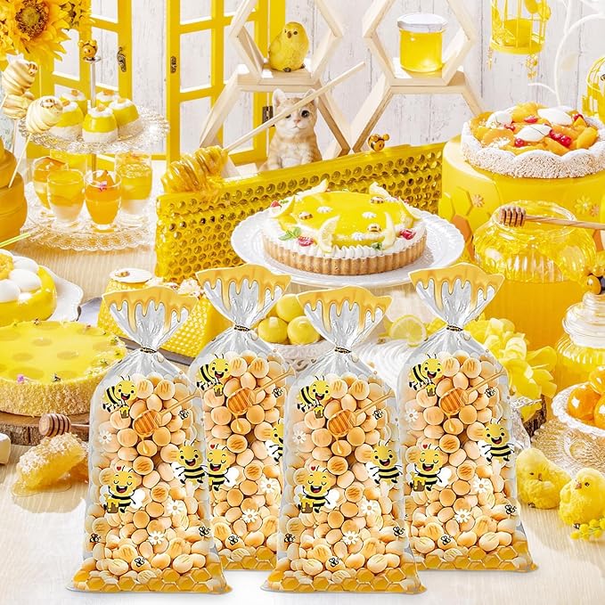 iNINGER 50 Pcs Little Bee Cellophane Treat Bags with Twist Ties, Sweets Gift Bags for Girls Children Party Favors,Small Sweet Bags for Candy,Colorful Goodie Bags for Baby Shower Birthday Decoration