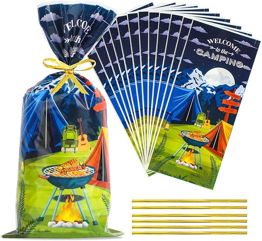 Docvania Camping Cello Cellophane Treat Gift Bags Camp out Cookie Bags 100 pcs 5 X 11 Camp Goodie Bag with Ties for Camping, party decorations and festivals