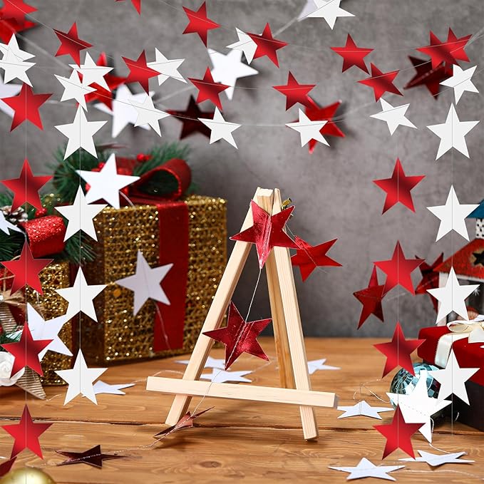 Patelai 130 Feet Glitter Star Garland Banner 2026 Party Decoration Double Side Star Hanging String Streamer Paper Twinkle for Graduation Wedding Birthday (Red and White)
