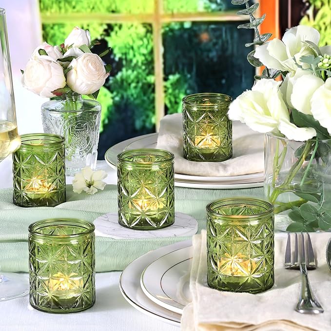 Green Votive Candle Holders Set of 12-Vintage Green Candle Holder for Wedding,Tea Light Candle Holders for Home Table Centerpieces Decor,Glass Candle Holder for Baby Shower & Bridal Shower
