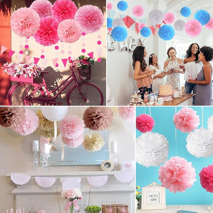 Qimoo 20pcs Light Pink Paper Pom Poms Decorations, DIY Tissue Paper Flowers Ball for Party Wedding Outdoor Decoration