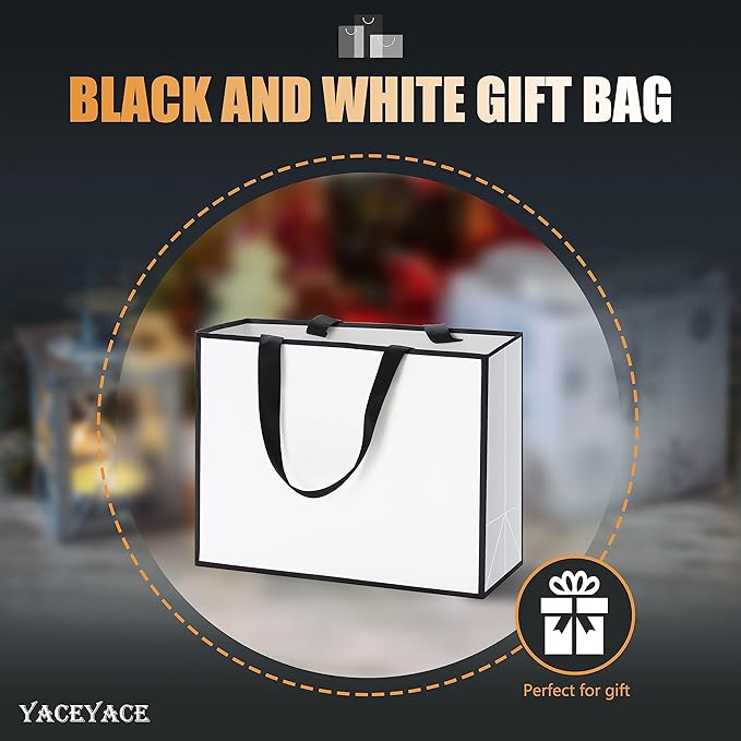 Black and White Gift Bags With Ribbon Handles, 10Pcs 10.5"x4.25"x8" Medium Paper Bags for Wedding, Shopping, Party