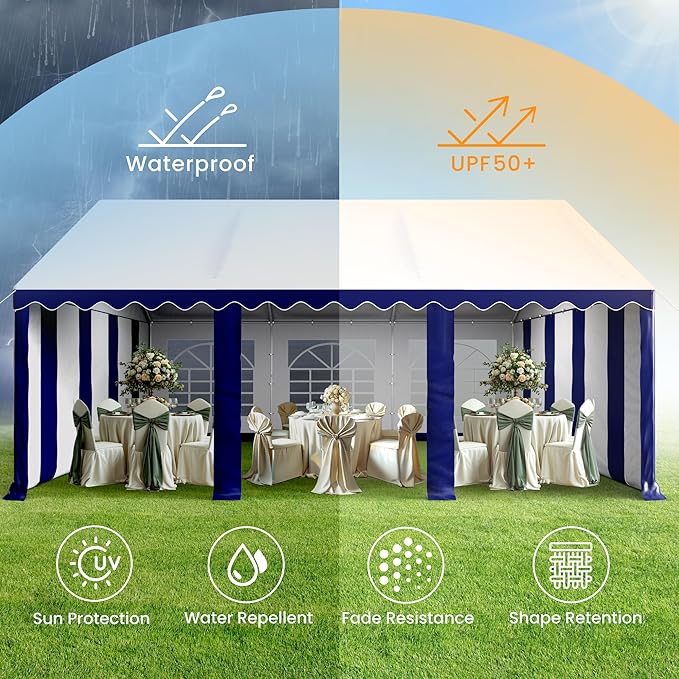 PHI VILLA 16x20 Outdoor Heavy Duty Party Tent, Large Party Canopy Wedding Event Tent with Removable Sidewalls & 3 Storage Bags for Patio Outdoor Garden Events, Blue
