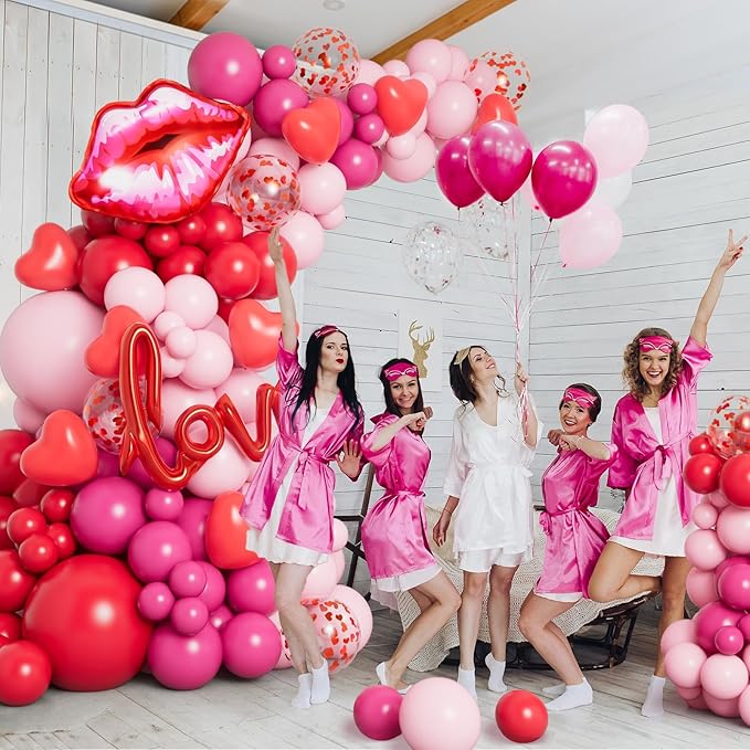 DBKL 138pcs Valentines Day balloon Garland Arch Kit, Pink Red Rose Pink Balloons with Love Lips Foil Balloons for Valentines Birthday Wedding Anniversary Party Decorations