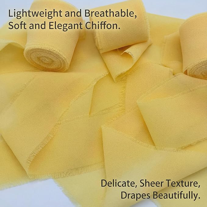 Handmade Chiffon Ribbon 1.5 Inch Wide, 3 Rolls 21 Yards, Frayed Edge Fabric Ribbon for Wedding Bouquets, Invitations & Gift Wrapping (Egg Yellow)