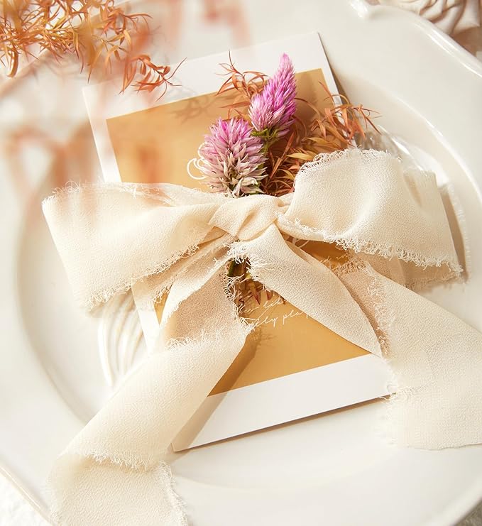 Fall Ribbon, 3 Rolls Light Nude Handmade Fringe Chiffon Silk Ribbon for Flower Bouquet, 1 1/2 inch x 7Yd Ribbons for Gift Wrapping, Wedding, Flower Wrapping, Bouquet Wrap, DIY Crafts