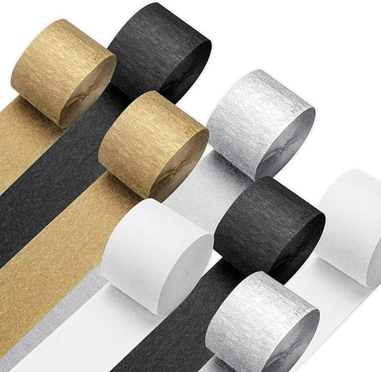 PIGETALE Crepe Paper Streamers 8 Rolls 656ft, Pack of Silver, Black, White and Gold Party Streamers for Christmas Birthday Wedding Baby Shower Backdrop New Years Eve Decorations (1.8Inch x 82Ft/Roll)