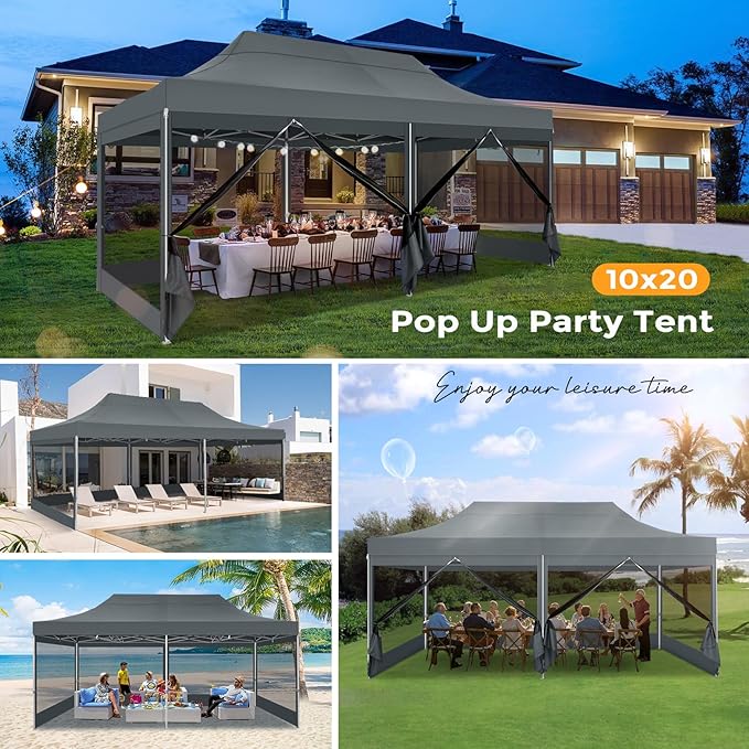 COBIZI 10x20 Heavy Duty Pop Up Canopy Tent with 6 Sidewalls, Easy Set Up Outdoor Waterproof Screen Commercial Party Tent with Mosquito Netting for Parties Backyard Patio, Roller Bag, Gray