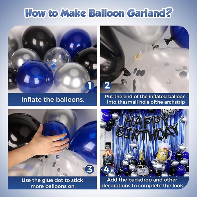 Blue and Black Happy Birthday Decorations for Men with Happy Birthday Banner, Fringe Curtains, Birthday Foil Balloons Kits for 21st,25th 27th 30th 35th 40 50 60th Birthday Party Decorations