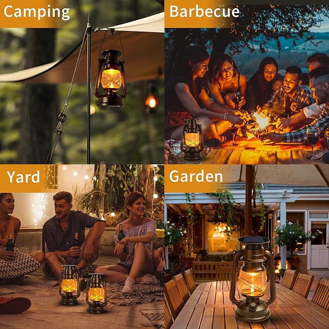Solar Lanterns Outdoor Waterproof - 2 Pack Hanging Solar Garden Lights, Camping Lamp & Power Outages, Vintage Decor for Patio, Porch, Yard - Two Modes (White & Warm White)