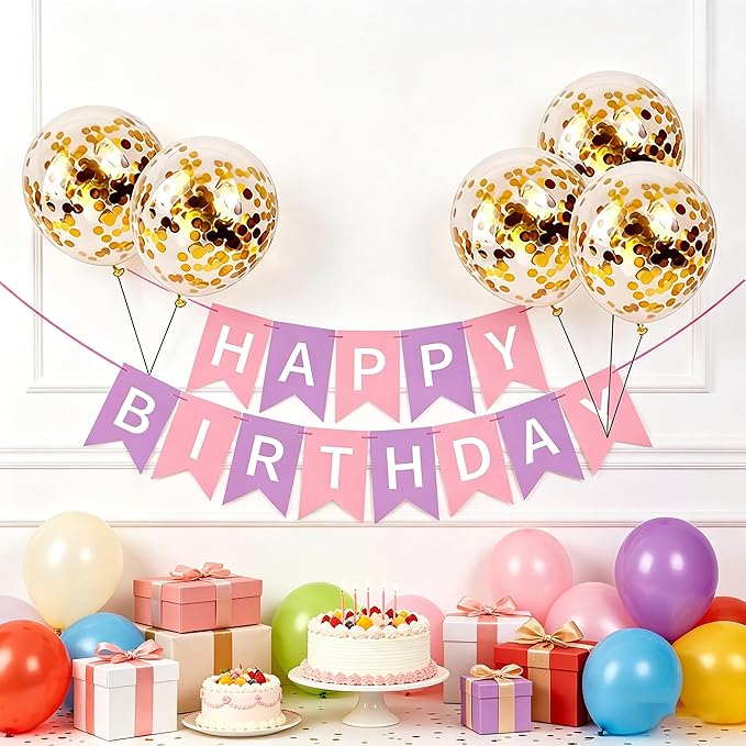 Happy Birthday Banner Sign Bunting Hanging Decorations with Shiny Gold Balloons Birthday Party Sign Decor for Party Supplies(Pink+Purple)