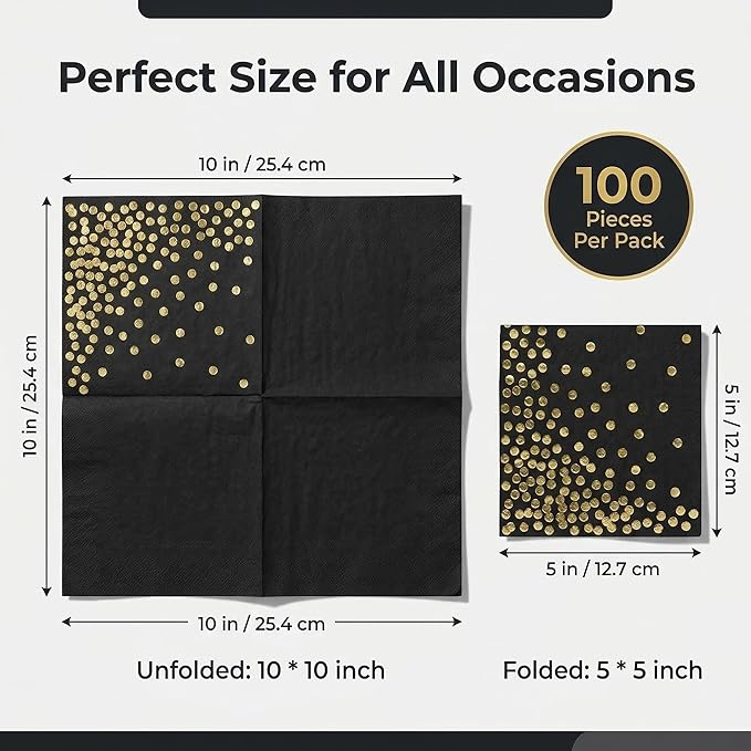 100 Pack Balck Gold Cocktail Napkins with Gold Foil Polka Dot, 3-Ply Party Paper Napkins, 5 x 5 Inches Bar Napkin Disaposable for Weddings, Birthdays, Baby Showers, Anniversaries, and Cocktail Parties