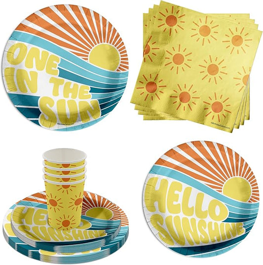 One in the Sun First Birthday Party Supplies - 64 Piece Boys 1st Sunshine Birthday Tableware Set Includes Large 9" Dinner Plates and 8" Dessert Paper Plates Napkins Cups - Kit for 16
