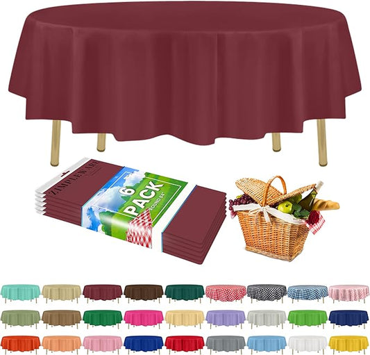 ZIMPLEWARE Premium Burgundy Plastic Table Cloth Disposable (6 Pack) Round Tablecloth (84in) Party Table Cloths Disposable, Perfect Table Cloth Round Cover for Any Table Up to 6 Feet