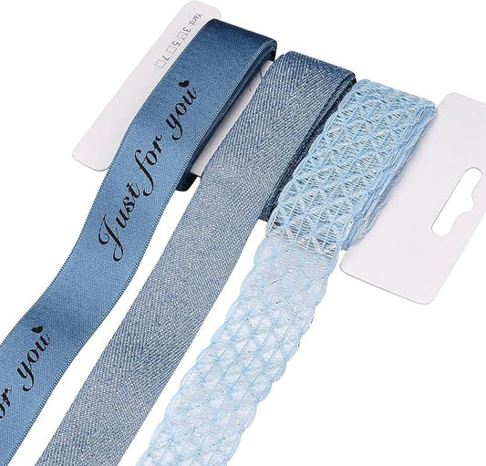 BEEFLYING 3 Styles Light Blue Wire Edged Ribbons for Gift Wrapping Decoration 25~28mm×2.7m Herringbone Ribbons Organza Ribbons for Wedding Party Hair Bows, Flower Designs Sewing & Craft, 9 Yards