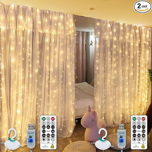 HXWEIYE 300LED Fairy Curtain Lights, 9.8x9.8Ft USB Plug-in 8 Modes Christmas String Hanging Lights with Remote for Bedroom Backdrop Wedding Indoor Wall Decor, Warm White, Standard – 2 Pack
