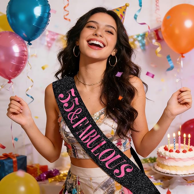 55 & Fabulous Sash, Funny 55th Birthday Sash for Women 55th Bday Party Photo Prop Favors Suppiles, Pink Foil Letter, Glitter Black