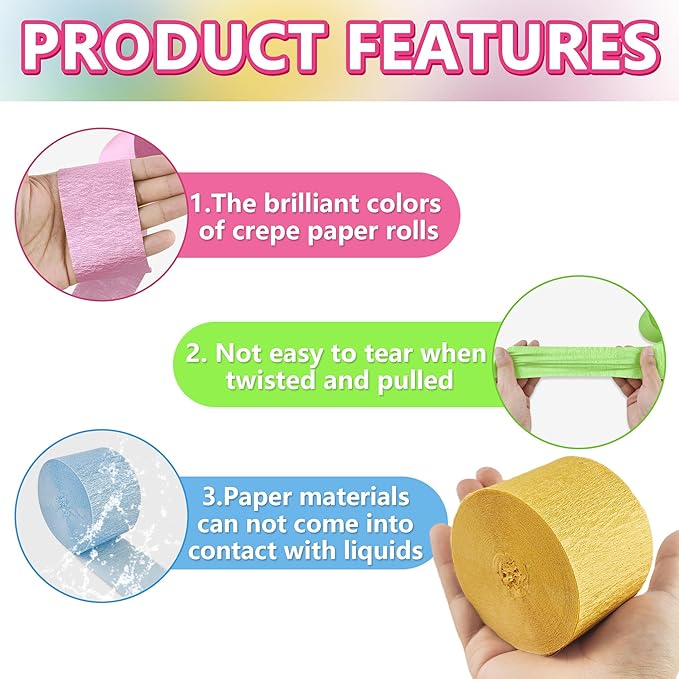 Metallic Pastel Crepe Paper Streamers 6 Rolls, 2.2" x 123 Ft Birthday Streamers Party Decorations for Baby Shower Bachelorette Bridal Shower Graduation Wedding Engagement Anniversary