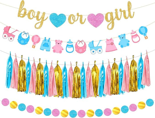 KatchOn, Boy or Girl Banner and Garland Set - 10 Feet, No DIY | Glitter Boy or Girl Gender Reveal Banner, Gender Reveal Decorations | Tassel Garland for Baby Shower Decorations