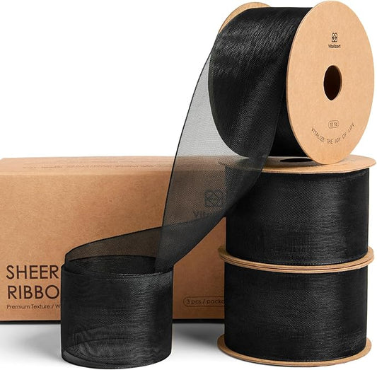 Vitalizart Organza Ribbon 1.5" x 30 Yd Black Sheer Ribbons for Gift Wrapping Crafts Christmas Party Decor Bows Wedding Invitations Wreaths Bouquet