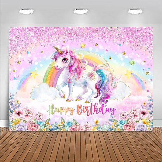 Mocsicka Unicorn Birthday Backdrop Rainbow Unicorn Theme for Girls Happy Birthday Party Decorations Pastel Glitter Photography Background Party Supplies Photo Booth Props