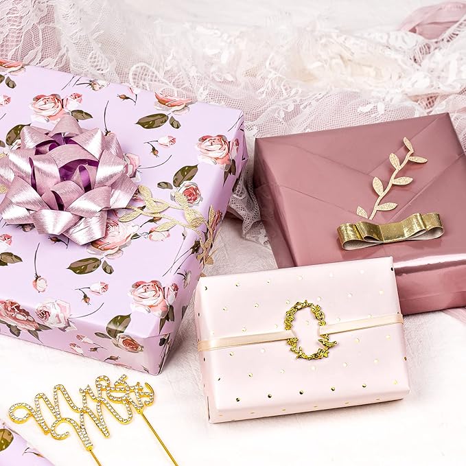 WRAPAHOLIC Pink Wrapping Paper Roll - Mini Roll - 3 Rolls - 17 Inch X 120 Inch Per Roll - Pink Floral Rose Gold Design for Wedding, Bridal Shower, Birthday, Baby Shower, Spring