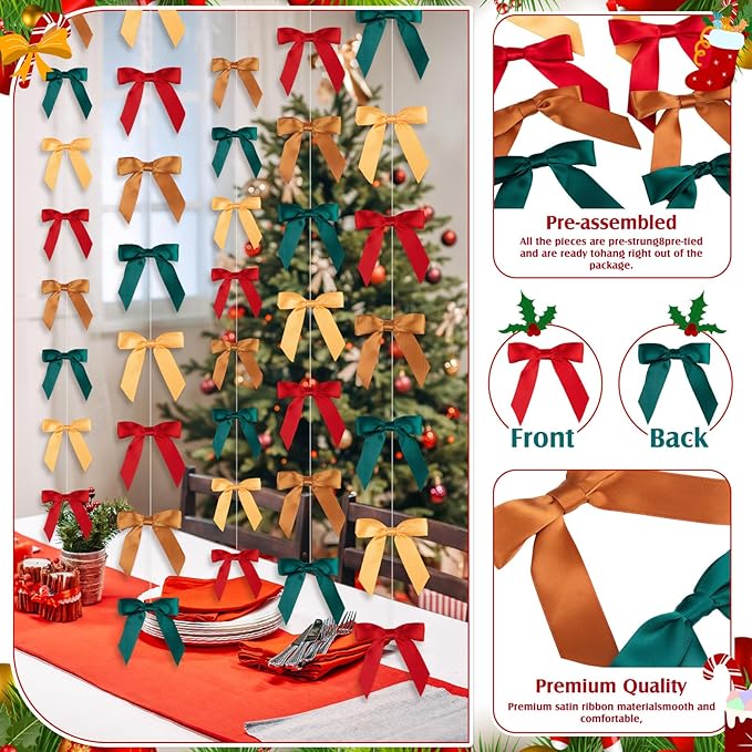 Taobary 8 Pcs 6.6 ft Bow Garland, Satin Ribbon Bow Banner Coquette Hanging Ornament for Photo Backdrop Birthday Party Wedding Bridal Baby Shower Wall Decorations(Red and Green,1 Inch)