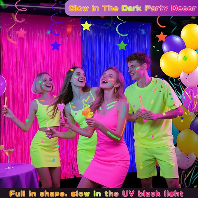 Glow in The Dark Party Supplies 2 Pack Neon Party Decorations Fluorescent Tinsel Foil Fringe Curtains Photo Booth Prop Backdrop Streamer Blacklight Decorations (Neon Hot Pink+Neon Light Blue)