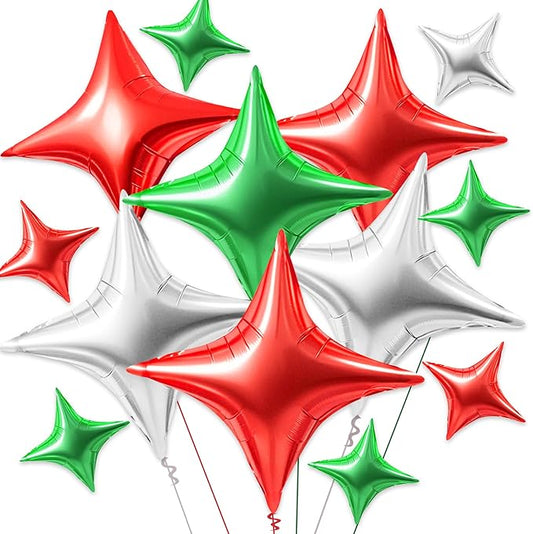 TONIFUL 30Pcs 26In&10In Star Balloons Red Green Silver Four Pointed Foil Mini Star Mylar Balloons for Halloween Chrismas Birthday Wedding Baby Shower Anniversary Engagement Party Decor Supplies