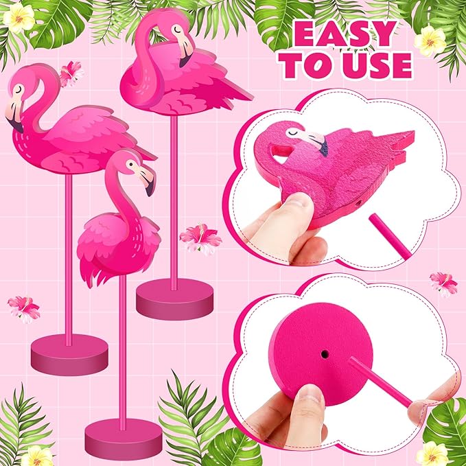 Geelin 10 Pcs Flamingo Table Decor Summer Pink Flamingo Party Decoration Table Sign Centerpiece Hawaiian Tropical Wood Tall Standing Block Bird Topper Sign for Office Desk Home Tier Tray Holiday Party