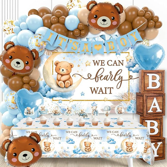 We Can Bearly Wait Baby Shower Decorations -Teddy Bear Boho Balloons Banner Boxes Cupcake Topper, We Can Bearly Wait Sign Backdrop Tablecloth, Boy Baby Shower Decorations Gender Reveal Party Decor