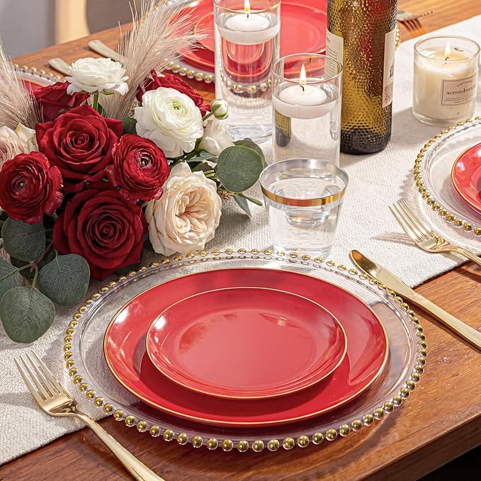 WDF 150Pcs Red Plastic Plates - Red Plates Disposable - 25Guest Dinnerware Include 25 Dinner Plate, 25 Dessert Plate, 75 Cutlery & 25 9oz Cups for Wedding/Birthday/Bridal Shower
