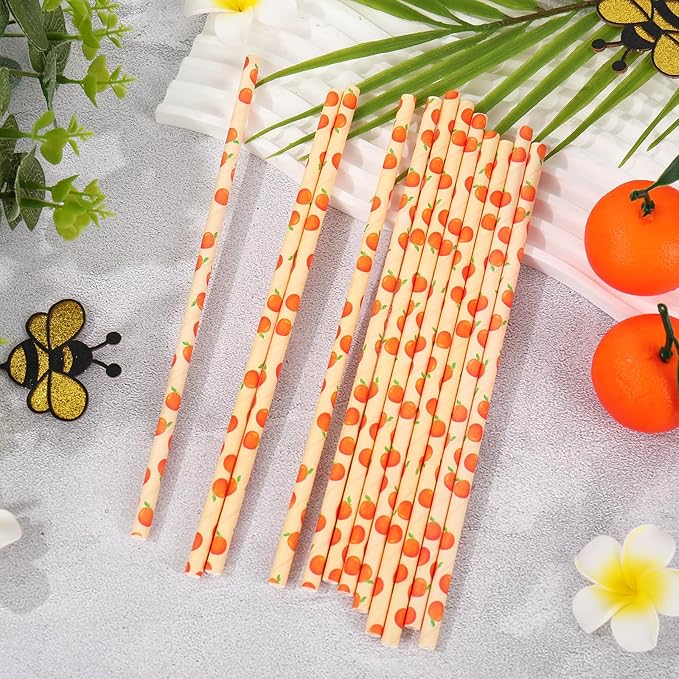 Whaline 200Pcs Orange Paper Straws Little Cutie Drinking Straw Orange Fruit Disposable Straw for Baby Shower Summer Party Supplies