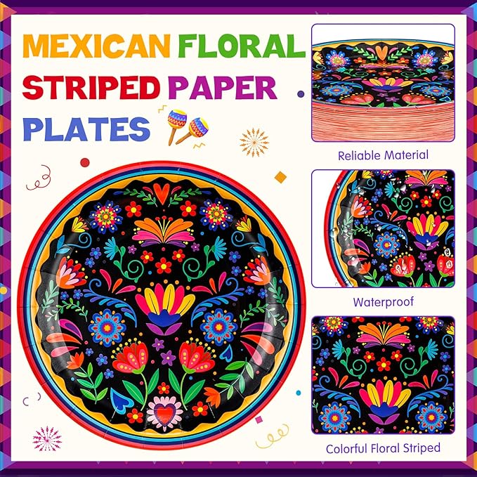 Domensi 200 Pieces Mexican Party Decoration Supplies Serves 50/100 Guests, Mexican Paper Plates Napkins Cups Set Fiesta Disposable Tableware for Cinco De Mayo Taco Tuesday Birthday Party Decorations