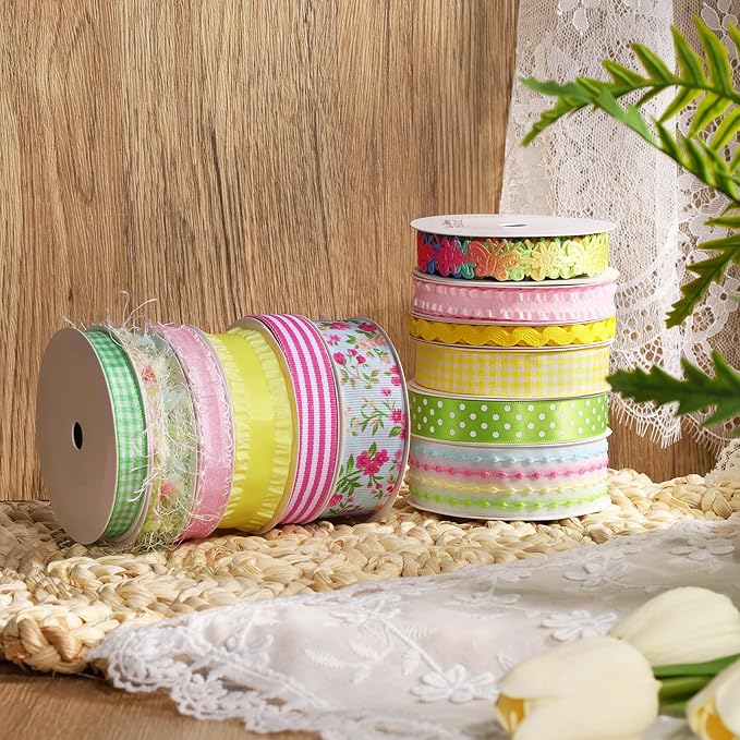 LaRibbons Spring Ribbons for Crafts, Assorted Multi-Color Ribbons 5 Yards Each for Spring Crafts, Gift Wrapping, DIY Bows, Floral Arrangements, Party Decorations, Scrapbooking