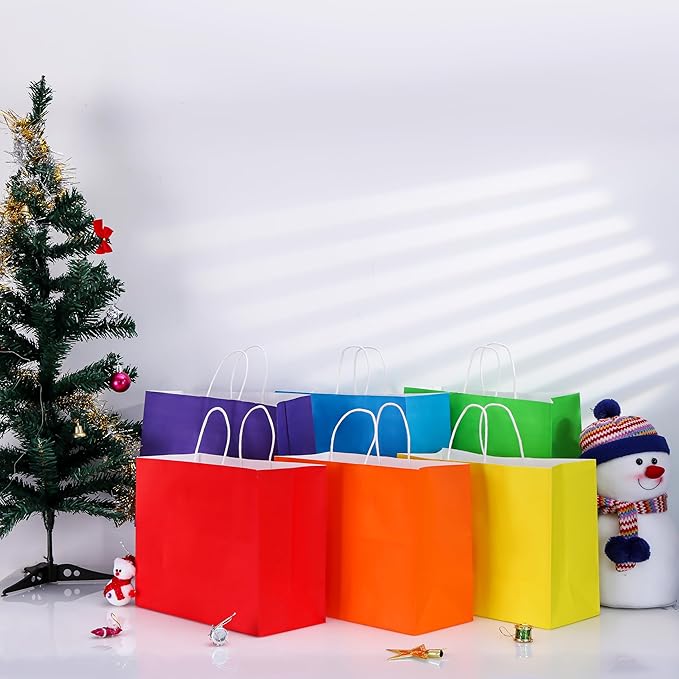 SUNCOLOR Large Paper Gift Bags with Handles, Rainbow Colors, 13x10x5.5 Inch, 24 Pack, for Birthday, Wedding, Shopping