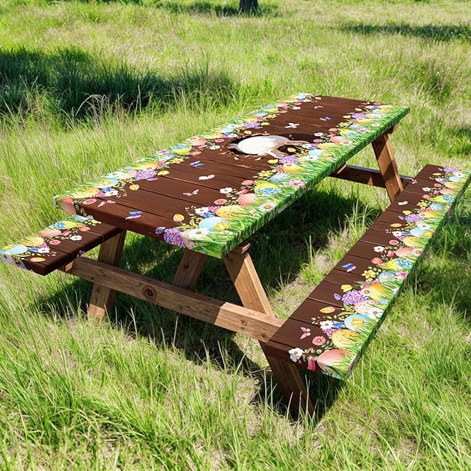 Easter Picnic Table Cover with Bench Covers Elastic Edges, Cute Bunny Flower Brown Wood Fitted Table Cover, Outdoor Patio Camping Essentials, Waterproof Camping Fitted Tablecloth, 3PCS, 30x60 Inch