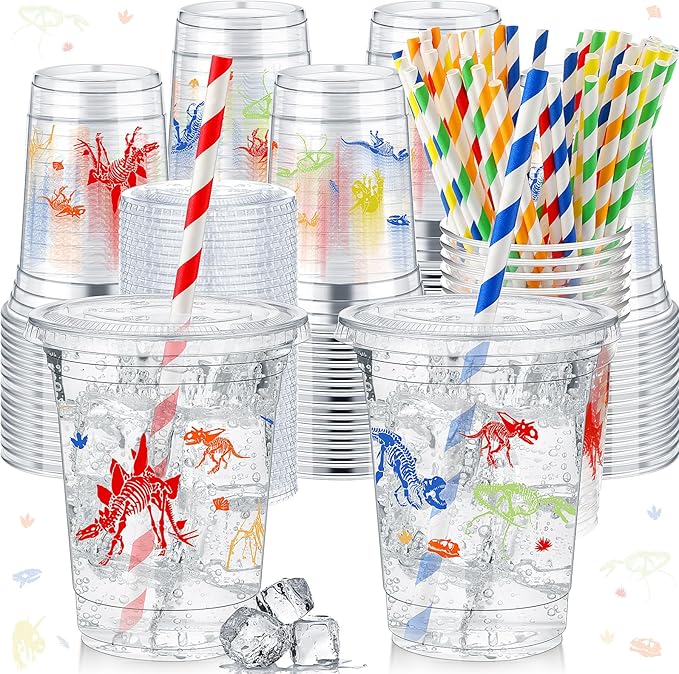FoldTier 50 Pcs Dinosaur Cups for Kids 12 oz Disposable Plastic Cups with Straws and Lids Dinosaur Clear Cup Birthday Party Cups Supplies for Kids Birthday Table Decorations Party Favor